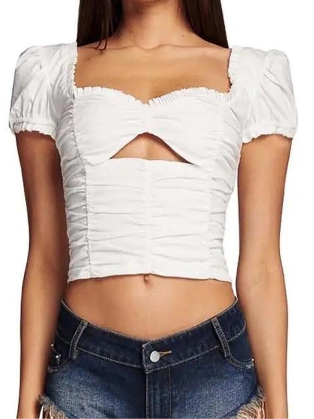 I.AM.GIA White Ruched Puff Sleeve Corset Crop Top Women’s Small Square Neck